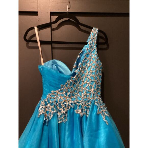 Sherri Hill Short Turquoise One Shoulder Prom glam Homecoming Balloon Dress 4 - Picture 8 of 11